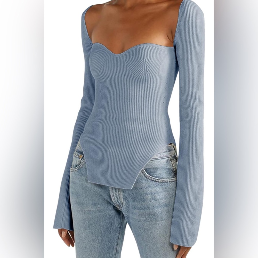 Women’s square neck ribbed knit long sleeve pullover Light Blue Size Medium